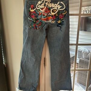 Ed Hardy Womens Size 26 Multi Tattoo Low Waist Baggy Jeans Painted Logo Koi NWT